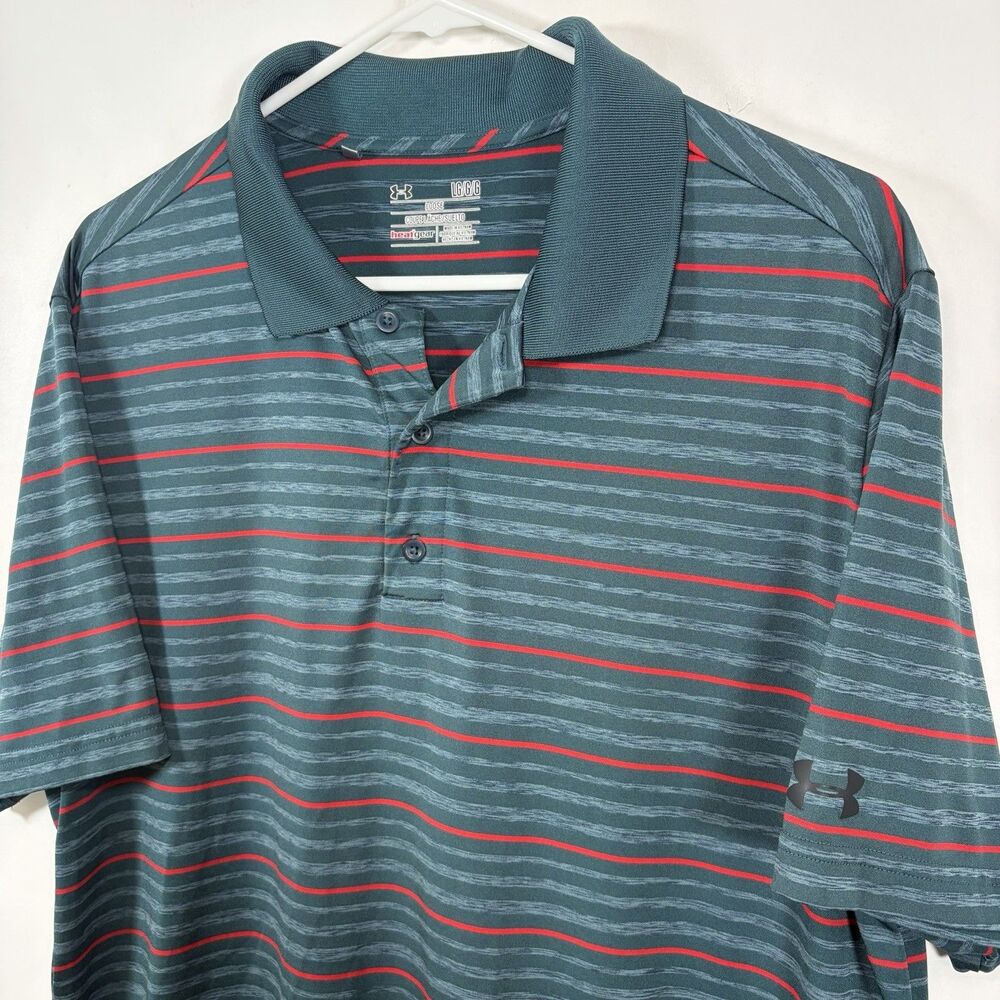 Under Armour HeatGear Golf Polo Shirt Mens Size Large Teal Green Red Striped